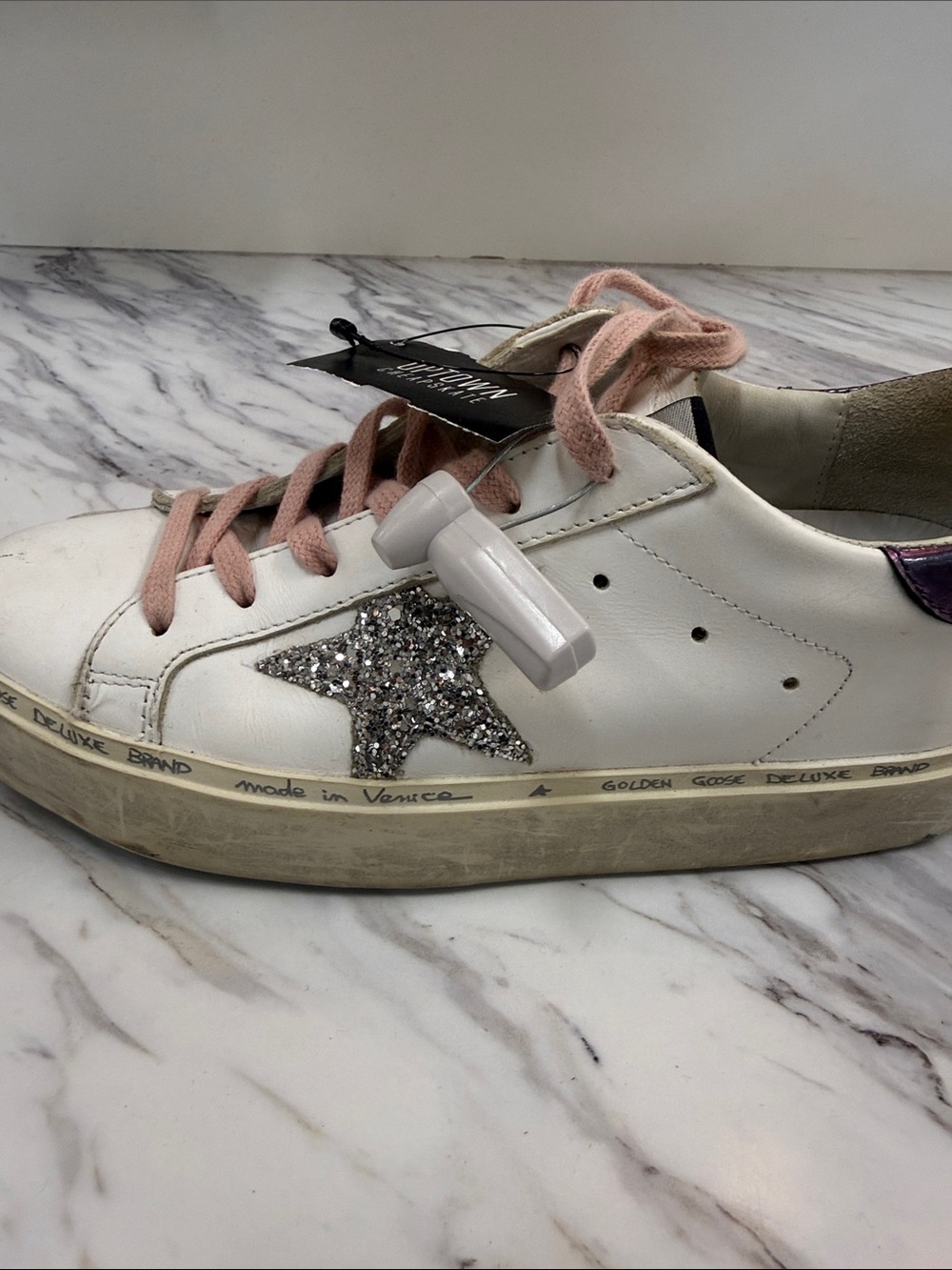 Golden Goose White Leather Sneakers with Pink Laces and Silver Star - Picture 6 of 10